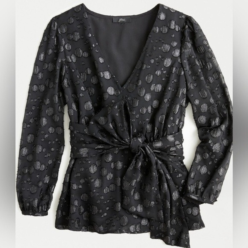 J Crew Tie Waist V Neck Top S Small Metallic Dot Jacquard Black Holiday